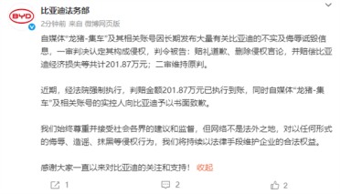 “龙猪-集车”长期诋毁比亚迪 二审判赔201.87万：已强制执行