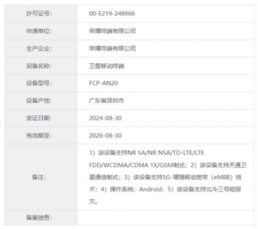 荣耀Magic V3双卫星版入网：支持天通卫星通信、北斗三号短报文