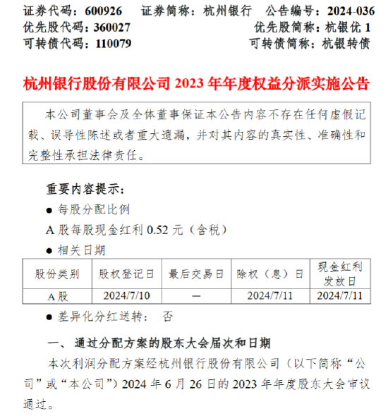杭州银行:7月11日a股每股派发现金红利0.52元