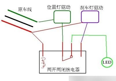 关于刹车灯开关的接线布局,其包含四条线路:首先是12伏的电源线路,接