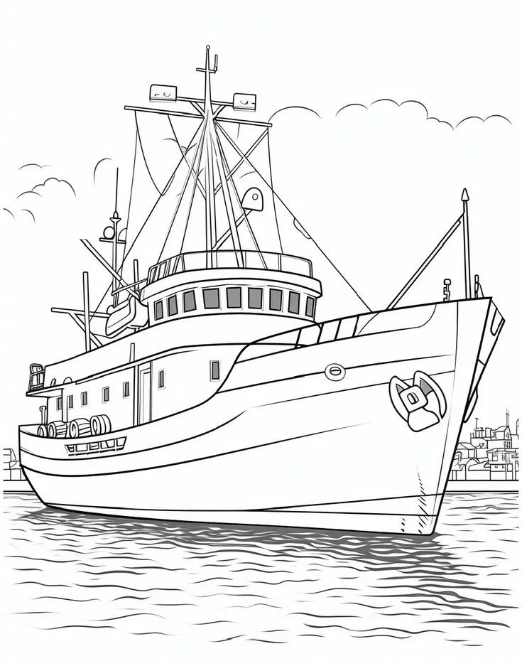 轮船交通工具简笔画线框图涂色指南