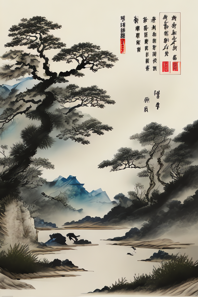 ai绘画,中国风,山水水墨画