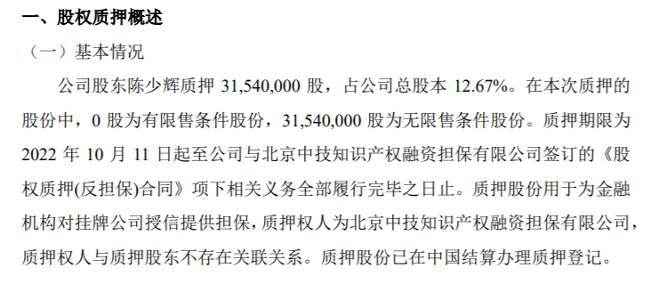 国电康能股东陈少辉质押3154万股 用于为金融机构对挂牌公司授信提供