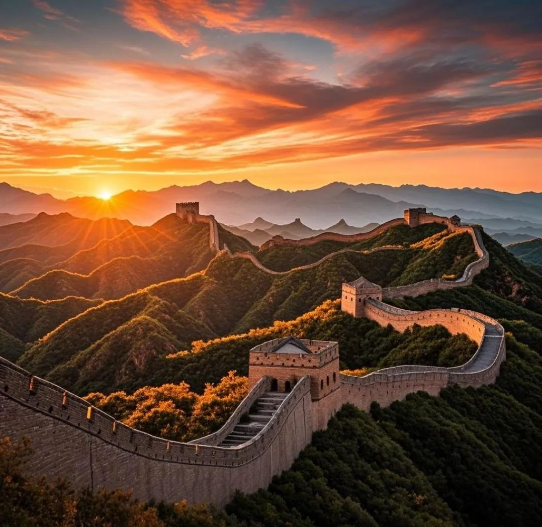 微信头像展现旭日东升之美景,红日初升照亮大地,长城巍峨如画卷