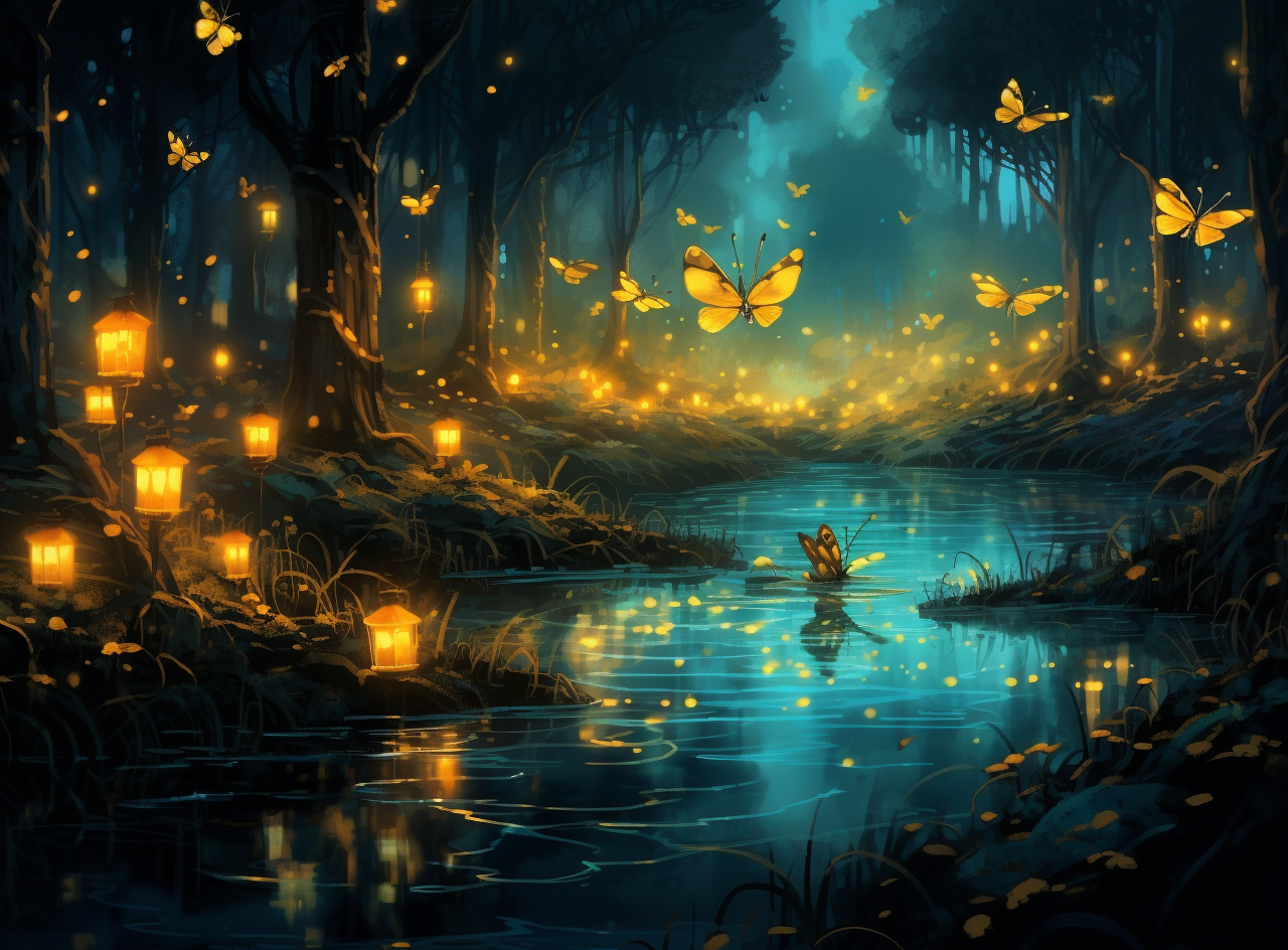 「ai绘画」夏夜幻境:萤火虫森林中的神秘舞蹈