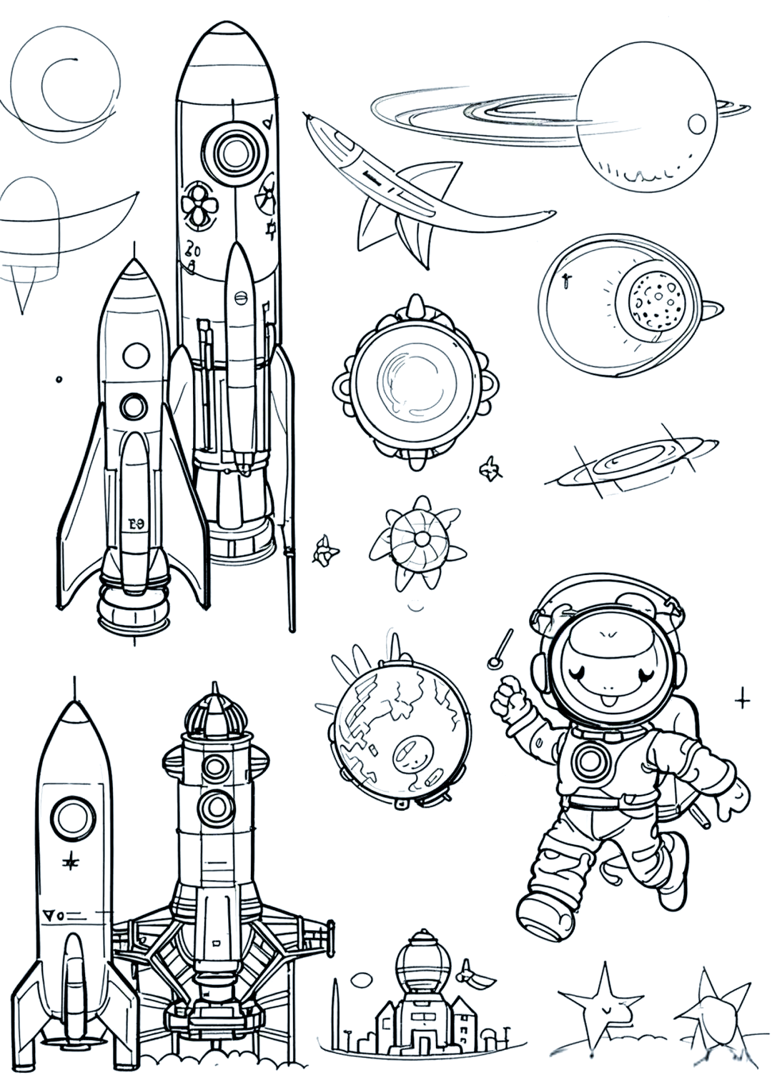 你能创作出65幅主题鲜明,细节饱满,充满未来科技感的黑白线稿简笔画