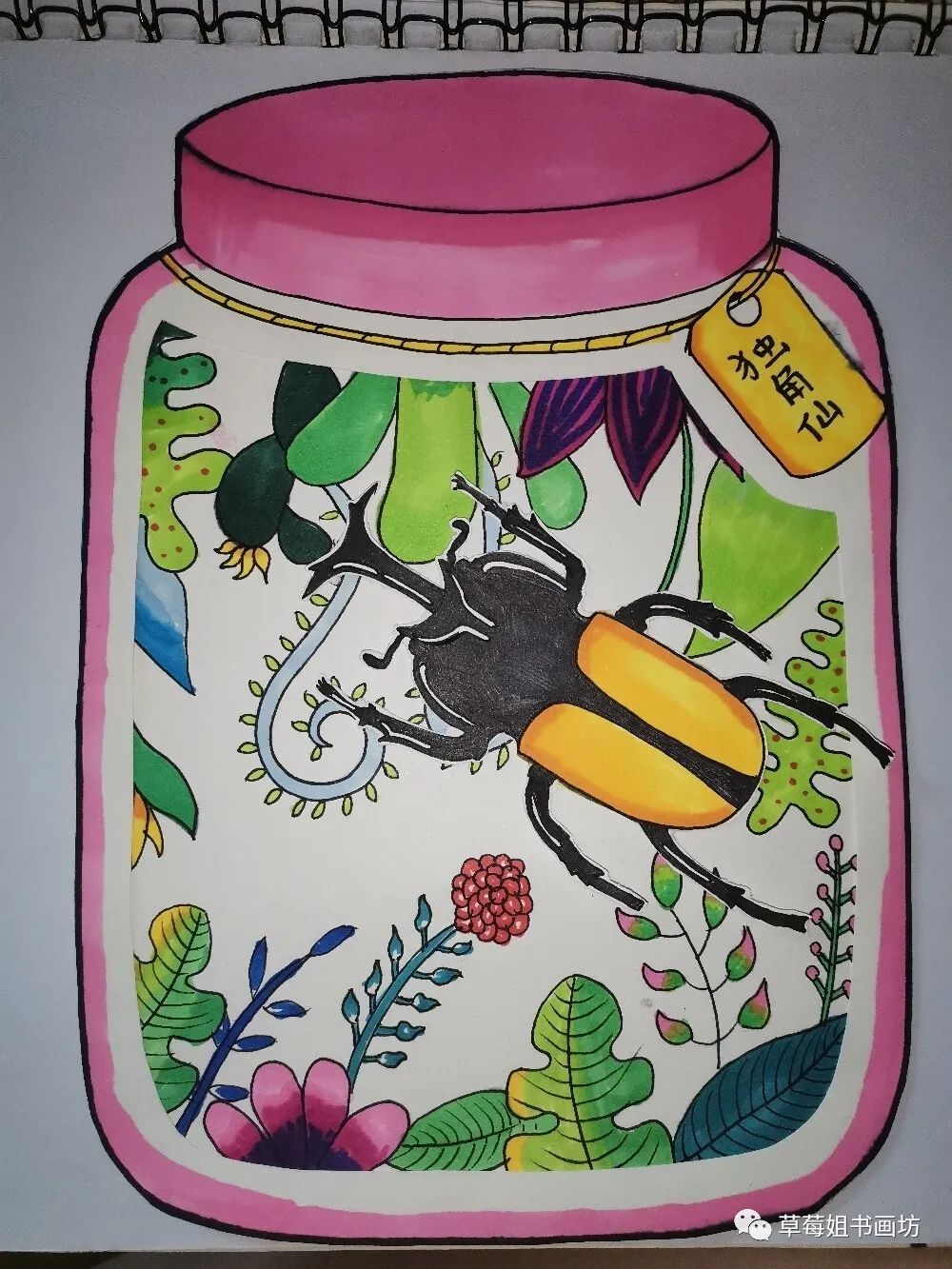 教程|少儿美术马克笔创意绘画《罐子里的独角仙》