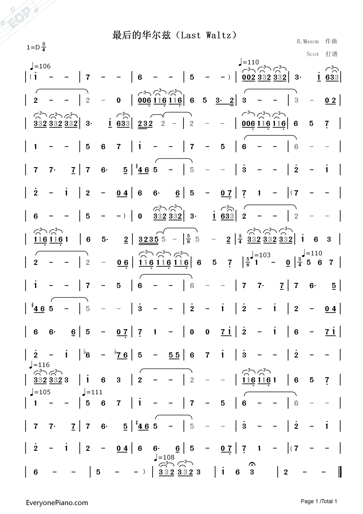 「欧美金曲」最后的华尔兹(last waltz)——动态简谱