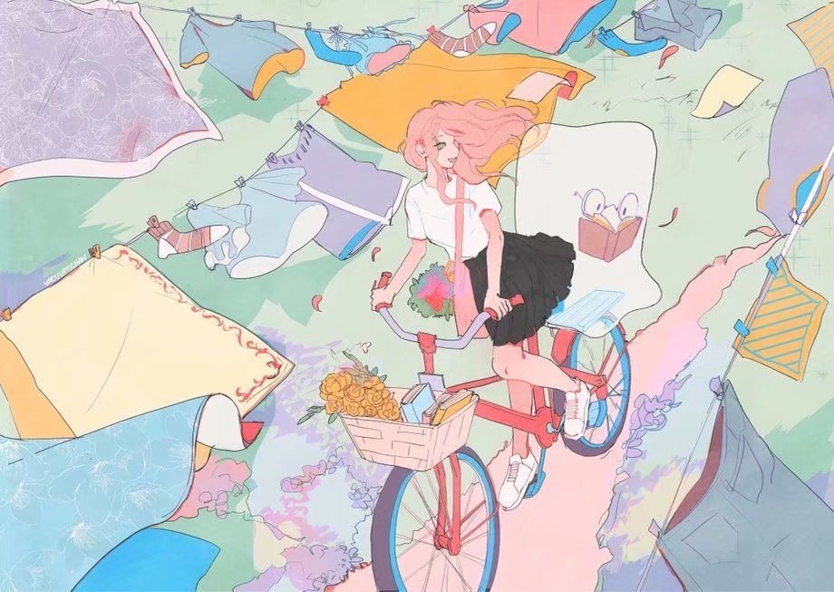 这组小清新扁平风格的插画,冷暖色对比,以描绘女生的日常生活