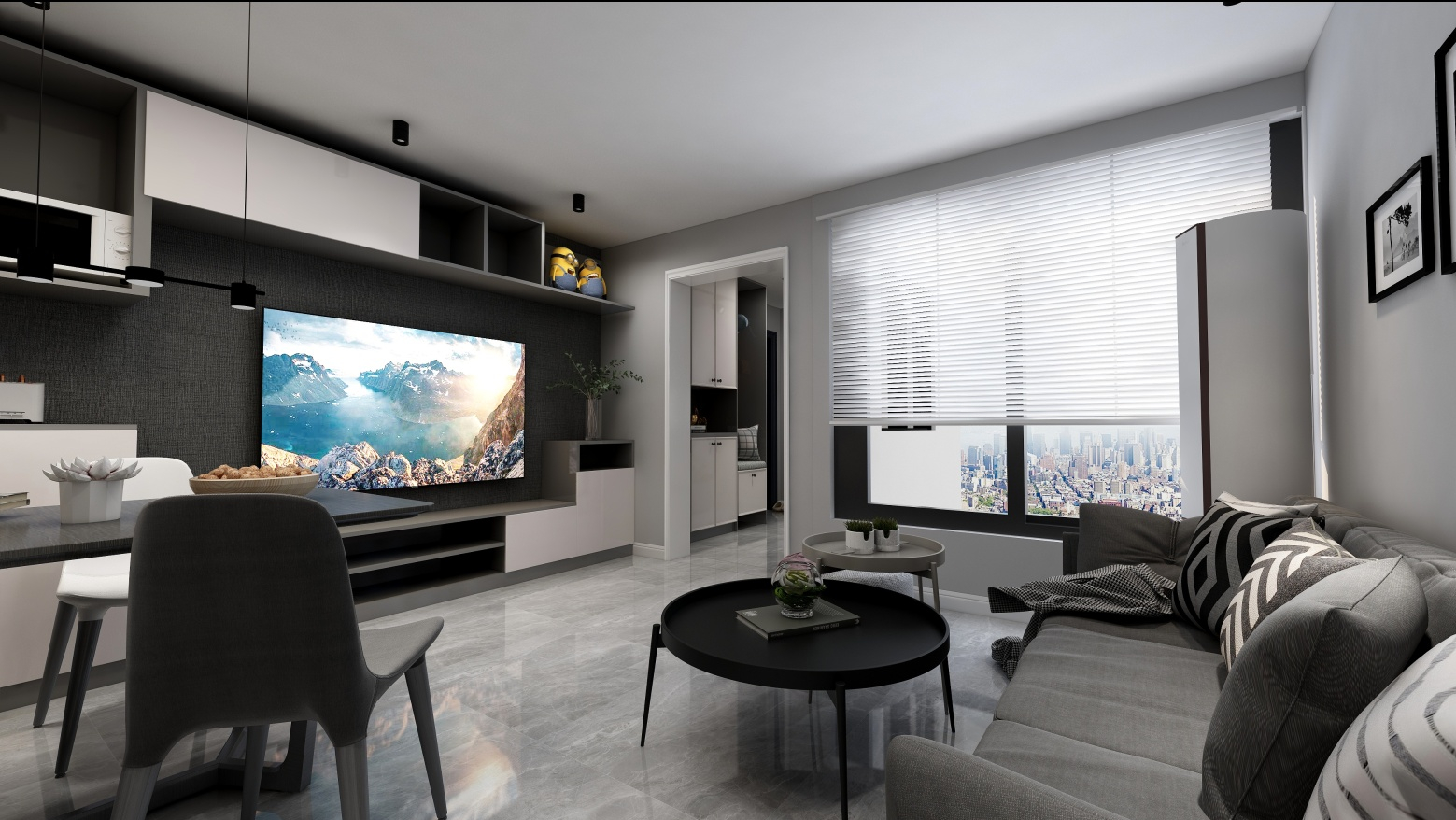 客厅整体为浅灰色地砖搭配偏深灰色家具