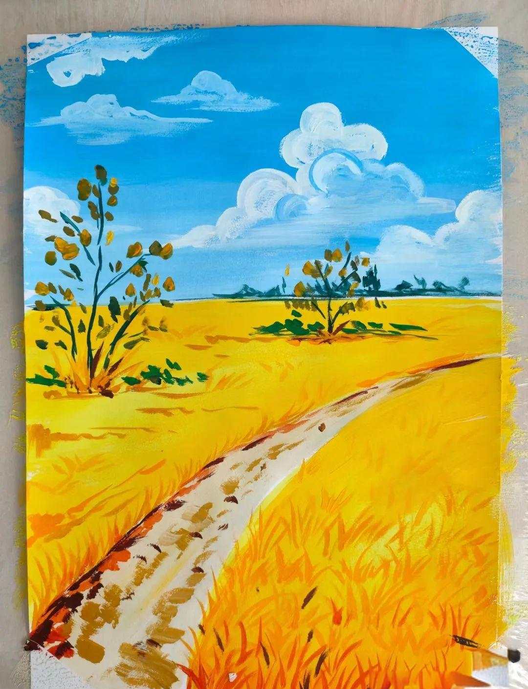 秋日美景儿童水粉画,感受大自然的独特色彩与丰富构图