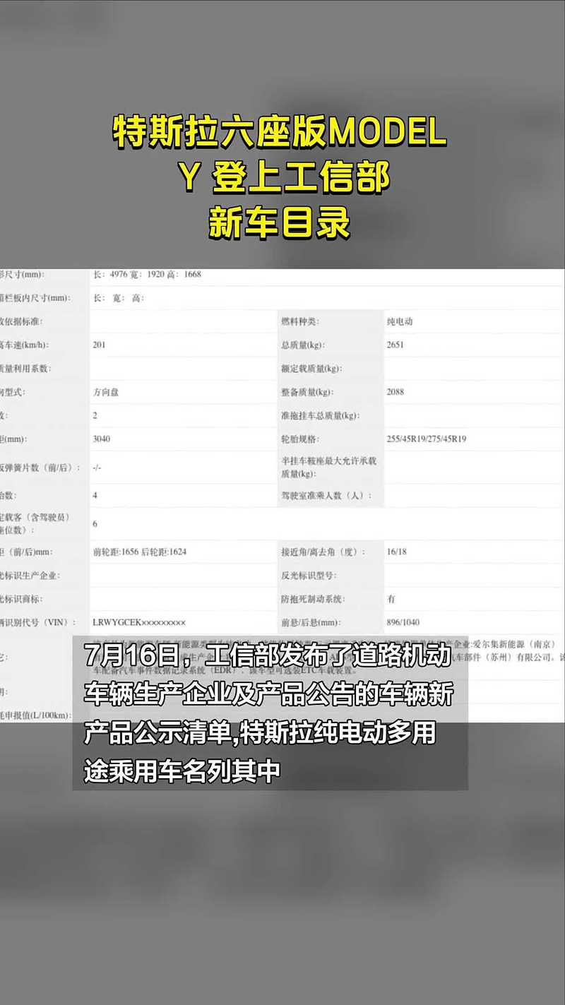 特斯拉六座版MODEL Y新车公告清单发布