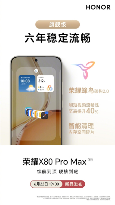 荣耀X80 Pro Max适配荣耀蜂鸟架构2.0：六年流畅！刷短视频流畅度提升40%