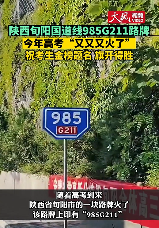 陕西旬阳国道线985g211路牌今年高考"叒"火了 祝考生金榜题名 旗开得
