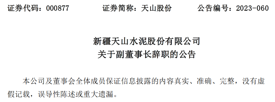 新疆天山水泥股份有限公司副董事长肖家祥辞职