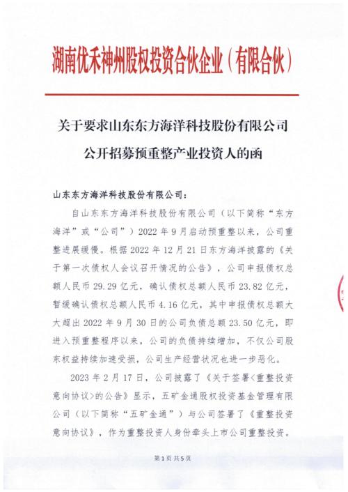 *st东洋预重整投资人或生变数 大股东要求立即公开招募投资人
