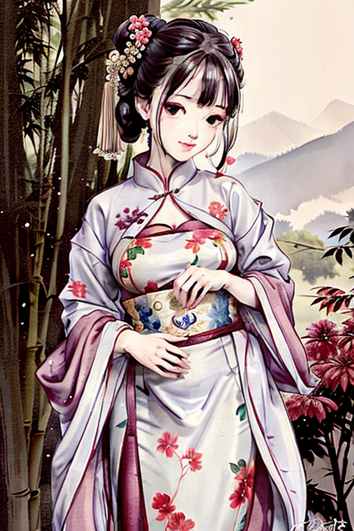 汉服动漫美女,优美纤细的身姿在竹林中摇曳生姿