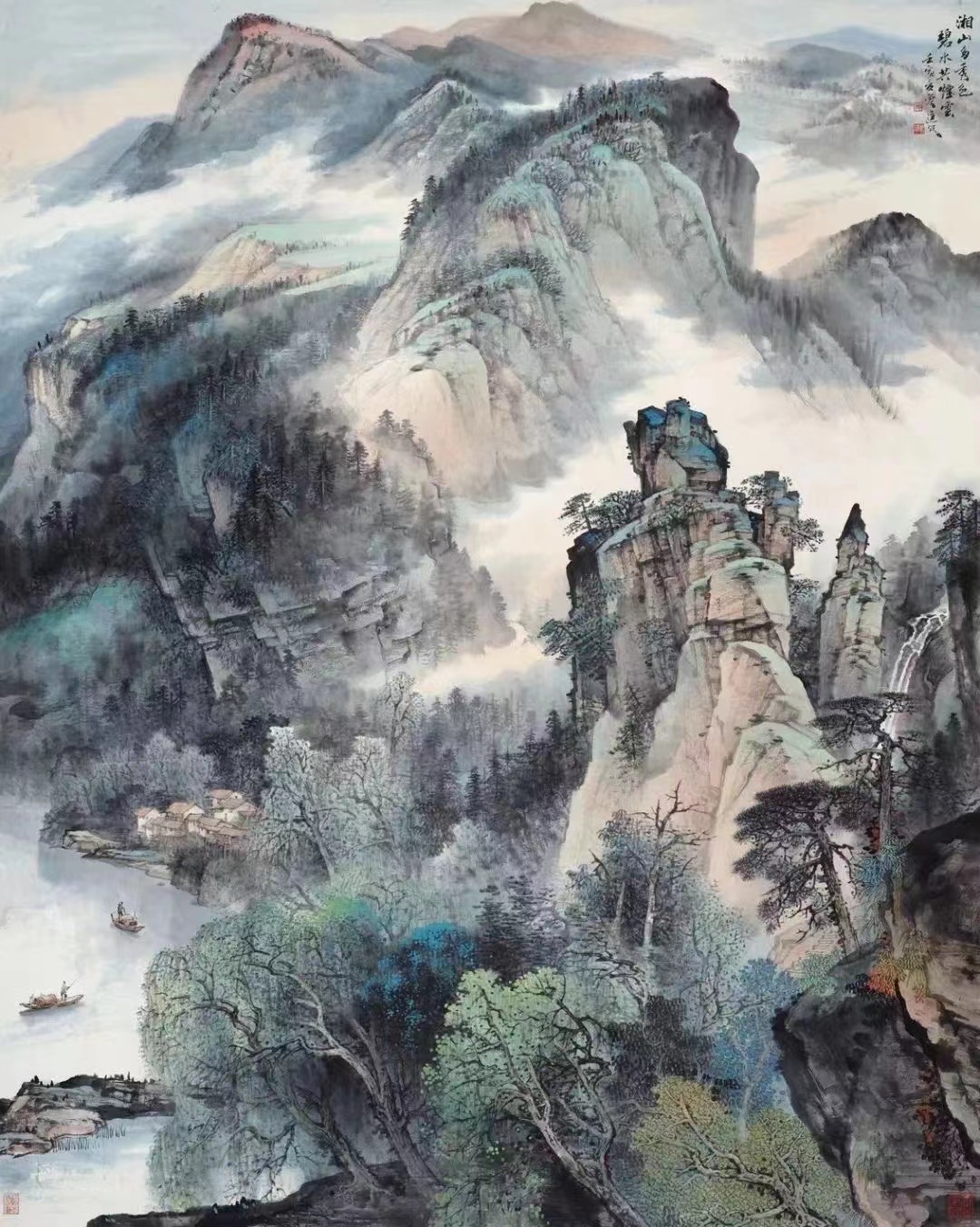 曾进山水画《湘山多秀色,碧水共烟云》