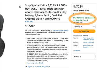 售价1.6万元！索尼Xperia 1 VIII突然现身电商平台：官方紧急下架