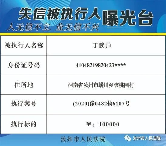 汝州市人民法院2021年失信被执行人曝光台(第五批)