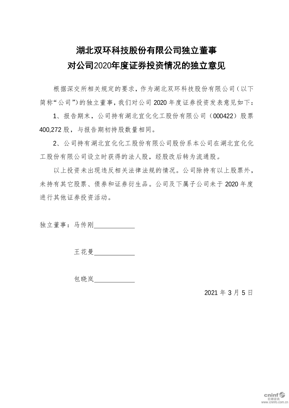 st双环:独立董事对公司2020年度证券投资情况的独立意见