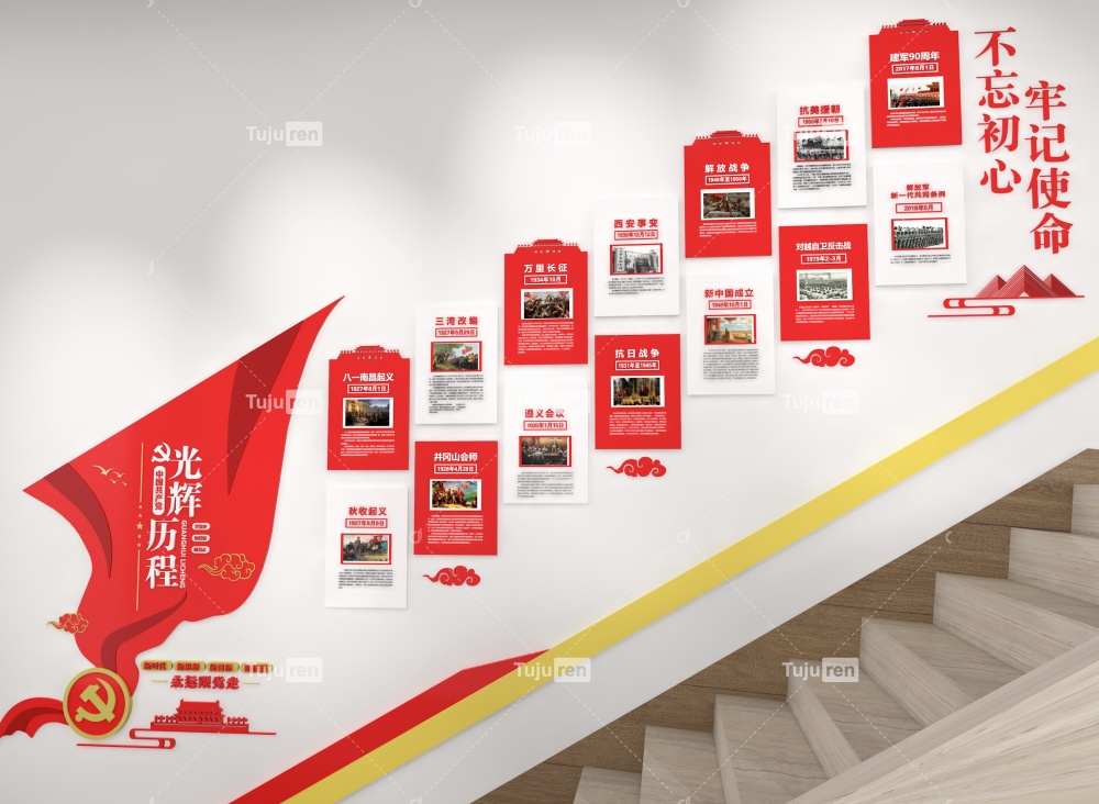 红色解放军的发展历程楼梯墙展示墙图片