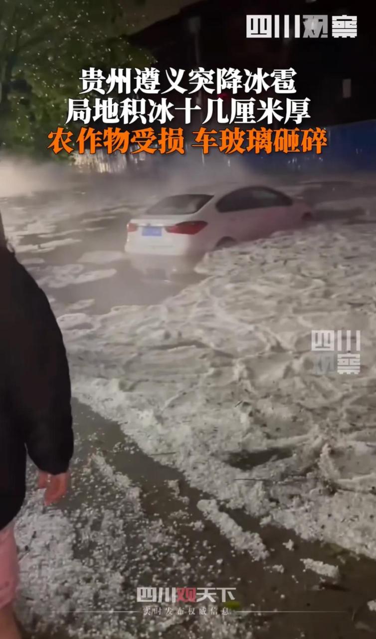 5月5日,#贵州遵义5月突降冰雹# , 农作物受损,车玻璃砸碎,局地积冰十