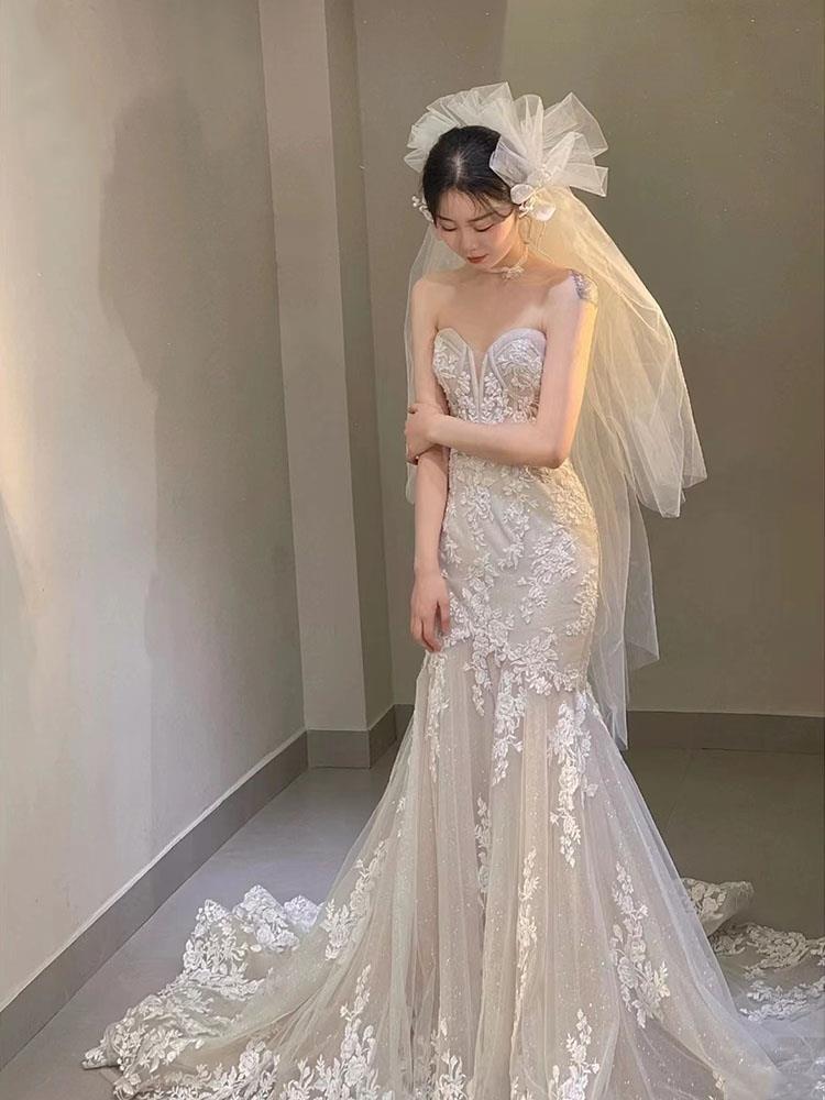 鱼尾蕾丝婚纱主纱高级质感修身显瘦超仙抹胸出门纱女