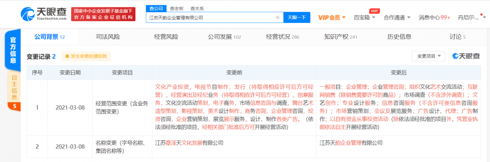原章泽天文化发展有限公司更名,经营范围新增互联网销售等
