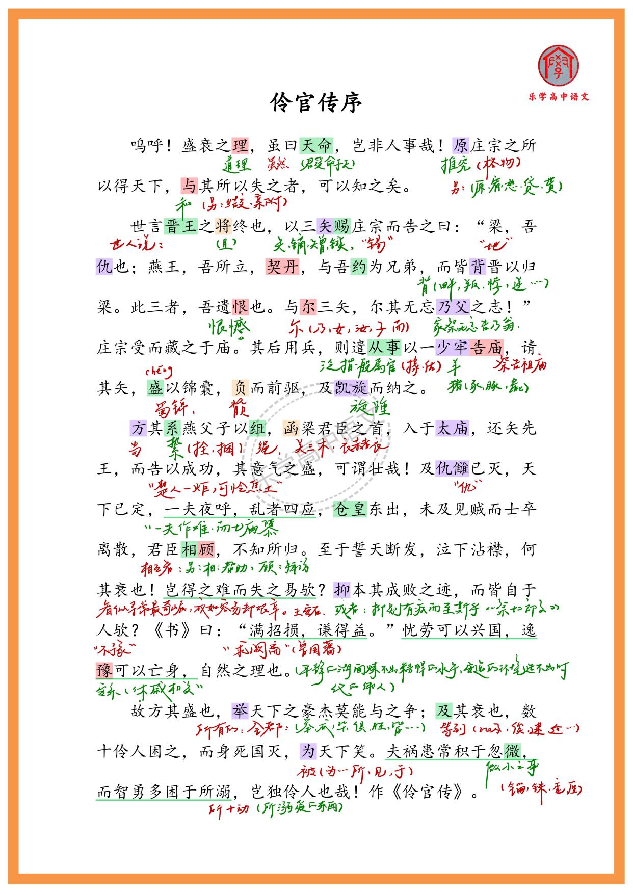 高考文言文复习备考——《伶官传序》原文手写批注