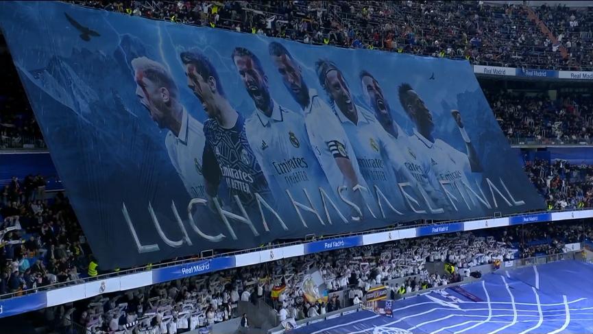 霸气外露!皇马主场展示"战斗到底"巨型tifo,球员画上战神眼妆