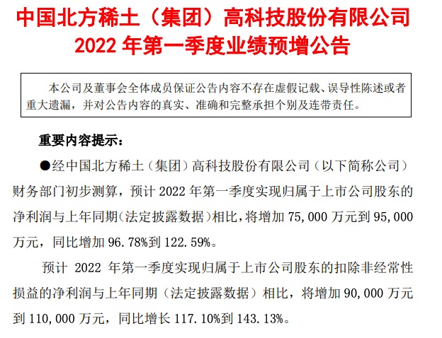 北方稀土:预计一季度净利同比增96.78-122.59%