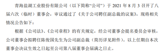 *st盐湖聘任陈俊国为公司副总裁 一季度公司净利7.93亿