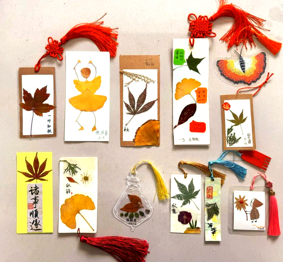 在这个充满诗意的季节,"一叶知秋"捡树叶设计最美书签活动,为孩子们