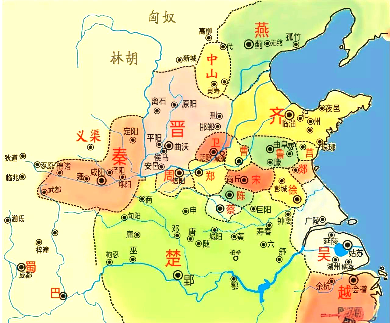 在这一阶段,春秋地图与战国地图的显著差异主要反映了各国的盛衰更替