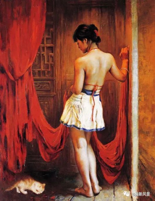 唯美油画:穿红肚兜的江南女子