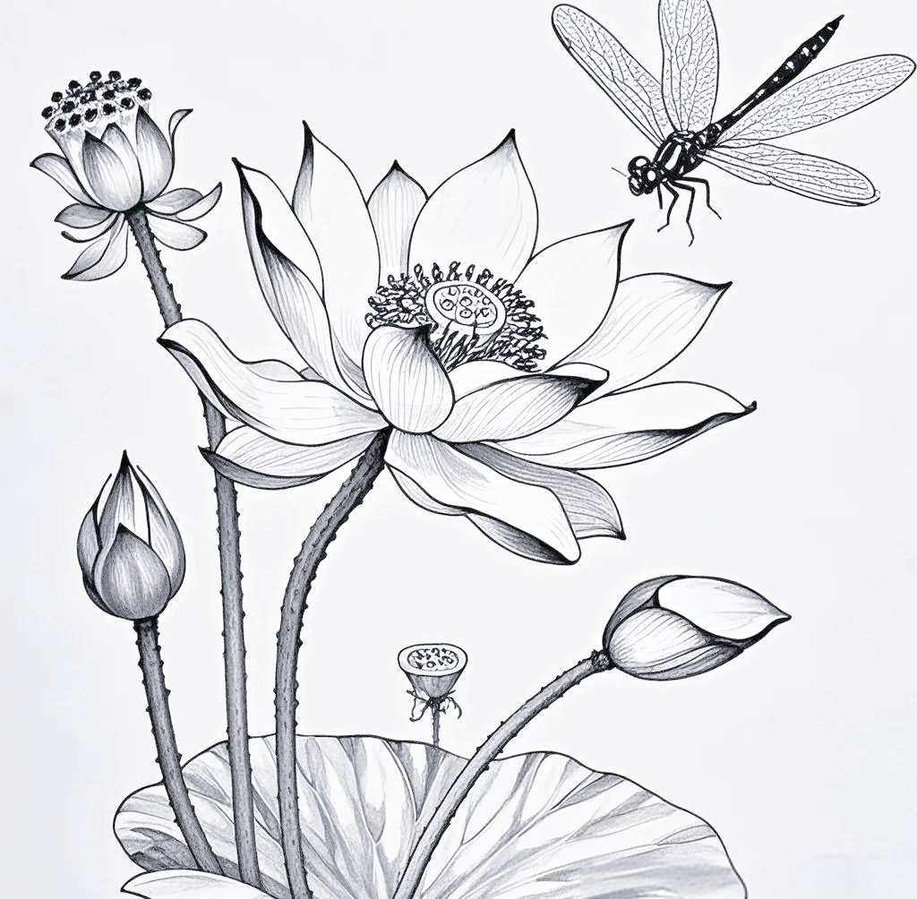 荷花与蜻蜓的线描绘画技巧详解