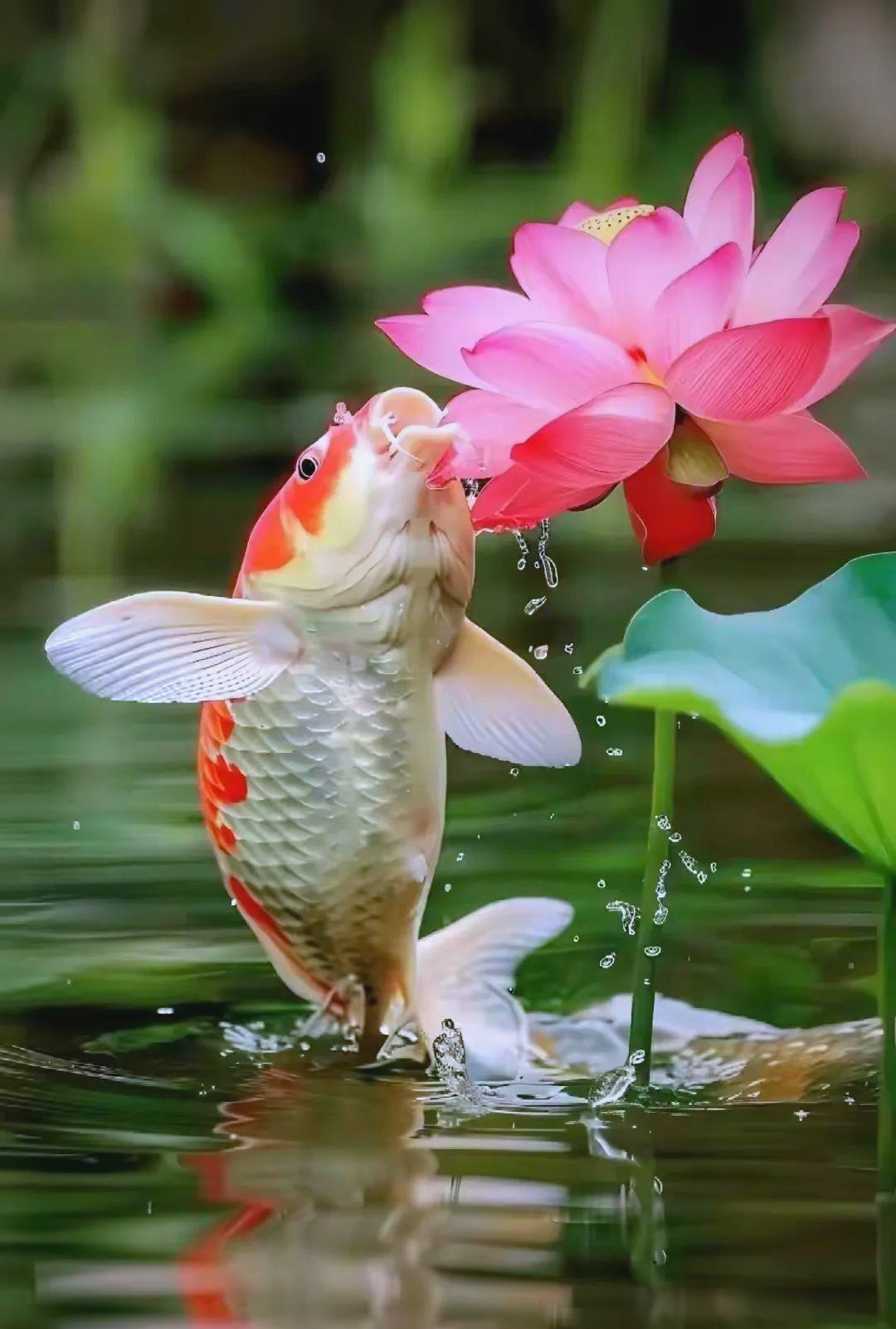 罕见的"鱼咬莲花"奇观,寓意吉祥,愿您福气满满!