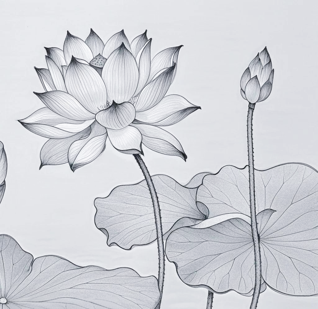 湖中荷花与花海蝴蝶的线描技巧探索