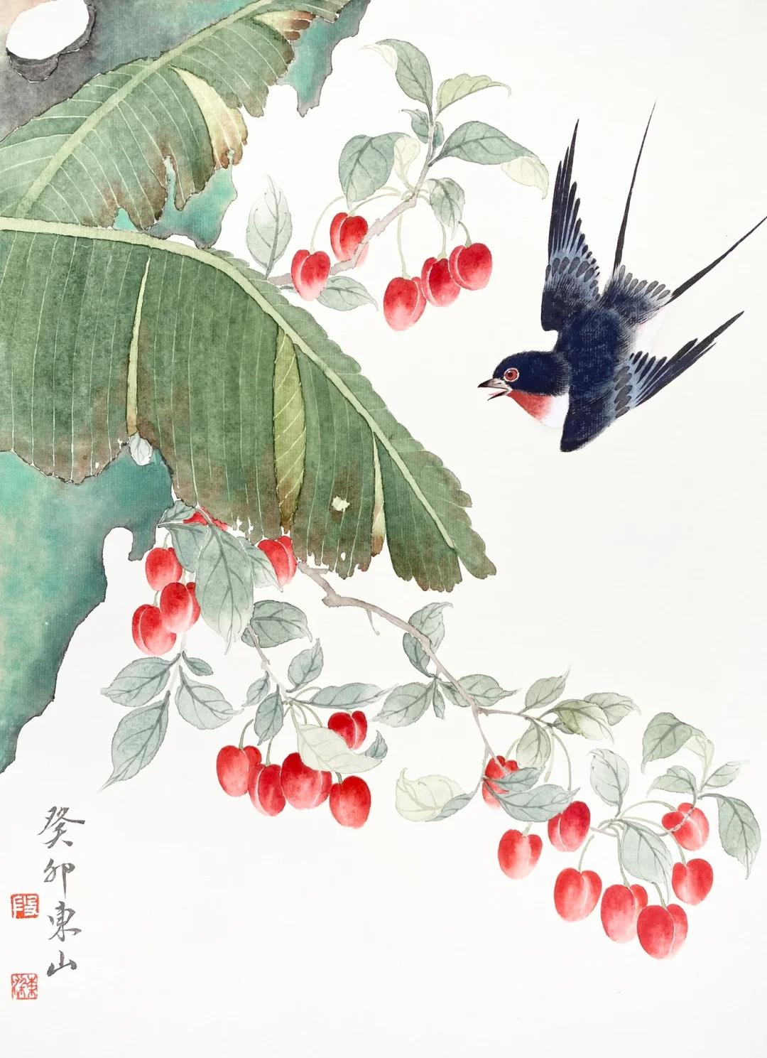 在这幅国画中,樱桃与芭蕉的和谐共舞成为了一大亮点