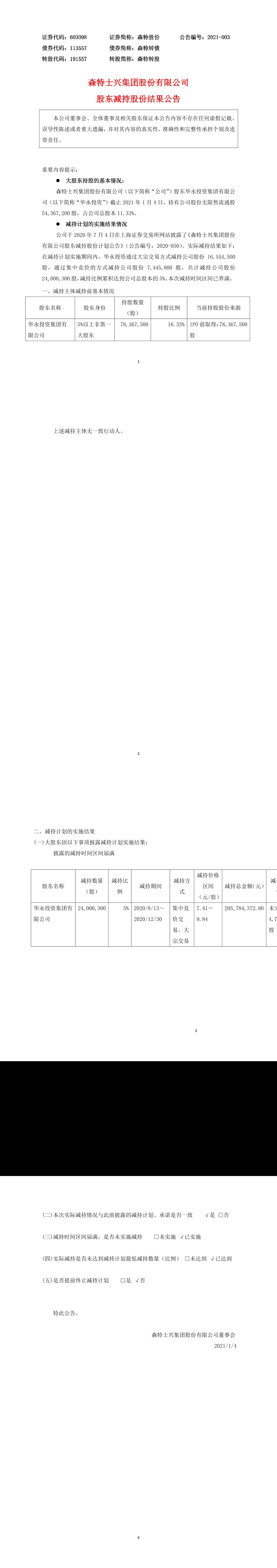 森特股份關於股東減持股份結果的公告