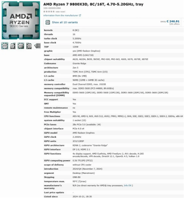 游戏玩家新神U来了！锐龙7 9800X3D完整规格泄露：起步4.7GHz、120W TDP