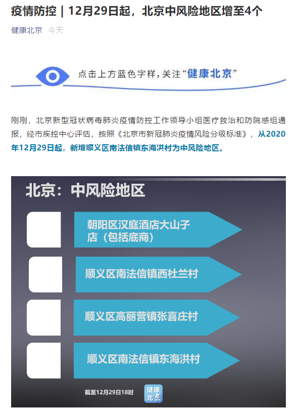 北京中风险地区增至4个 新增顺义区南法信镇东海洪村