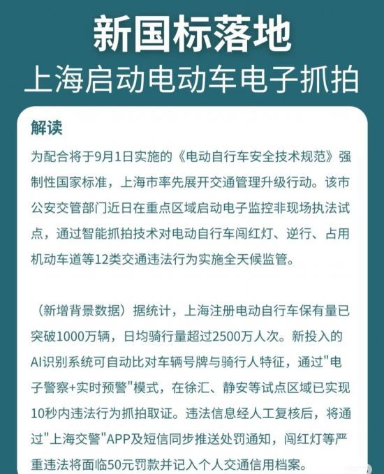 上海启动电动车电子抓拍，强化交通违法监控