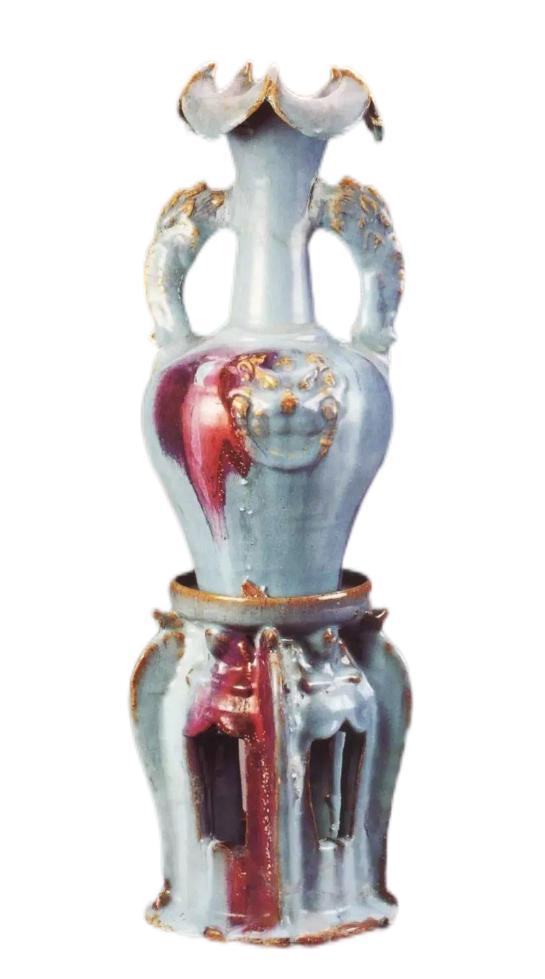 刘志钧说瓷|钧窑天蓝釉贴花兽面纹双耳连座瓶