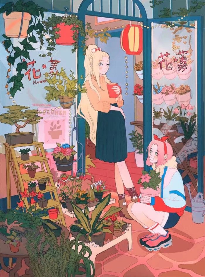 这组小清新扁平风格的插画,冷暖色对比,以描绘女生的日常生活