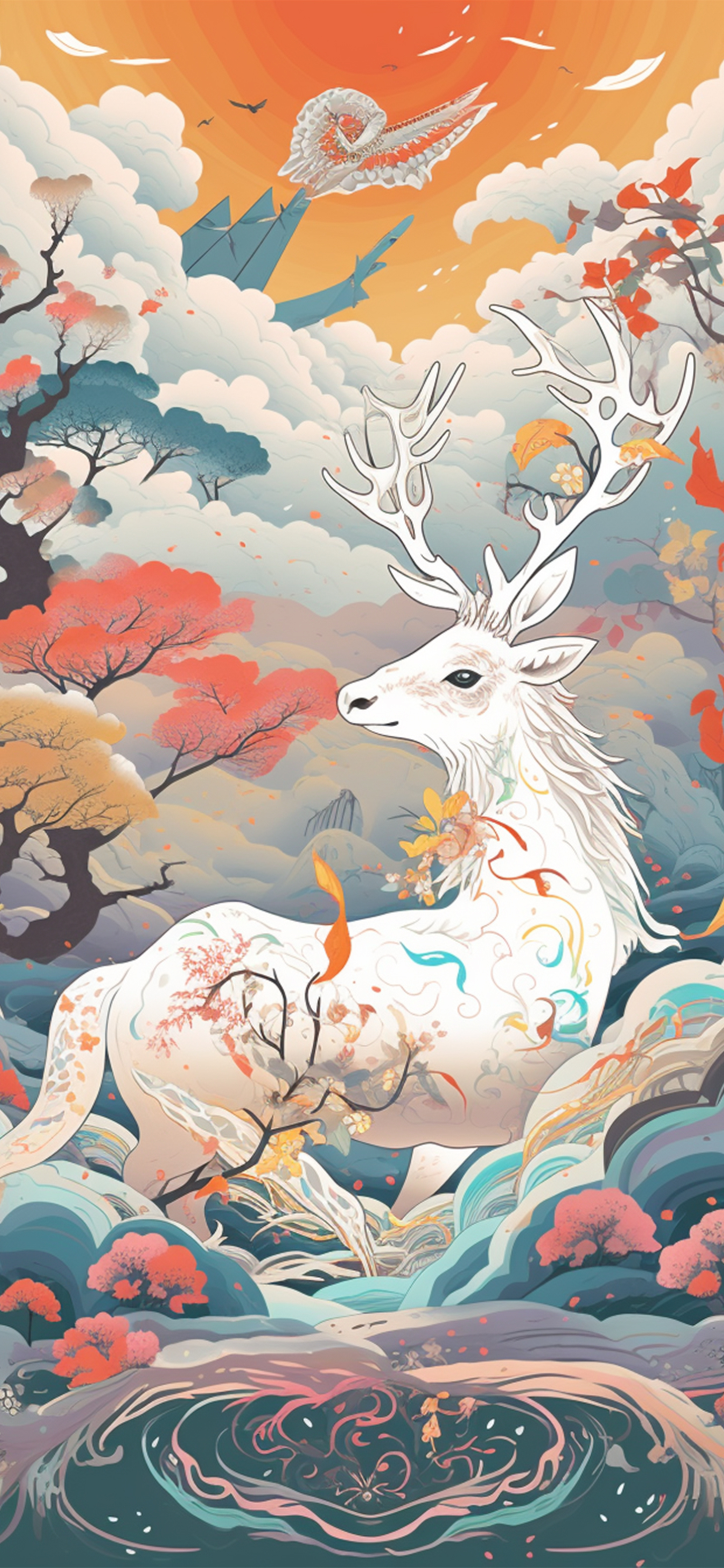 国风瑞兽壁纸,仙鹤与鹿寓意长寿和繁荣昌盛