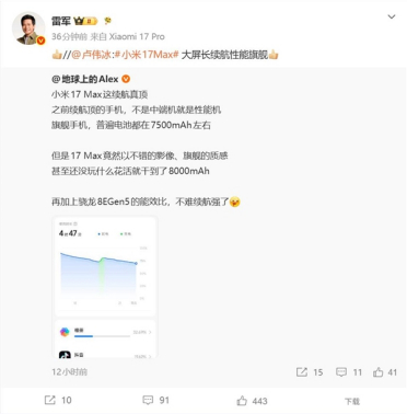 小米17 Max根治续航焦虑！博主直呼真顶 雷军卢伟冰双双点赞