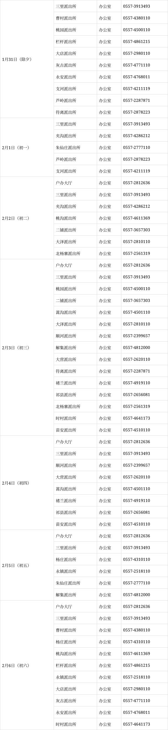 转发收藏 宿州公安户籍窗口春节值班表