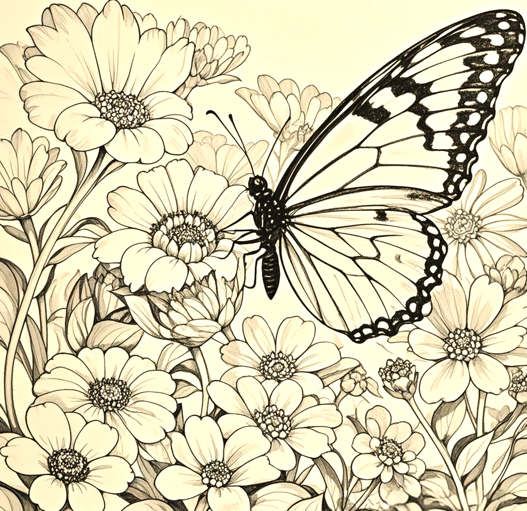 花海中的蝴蝶线描技法与技巧详解